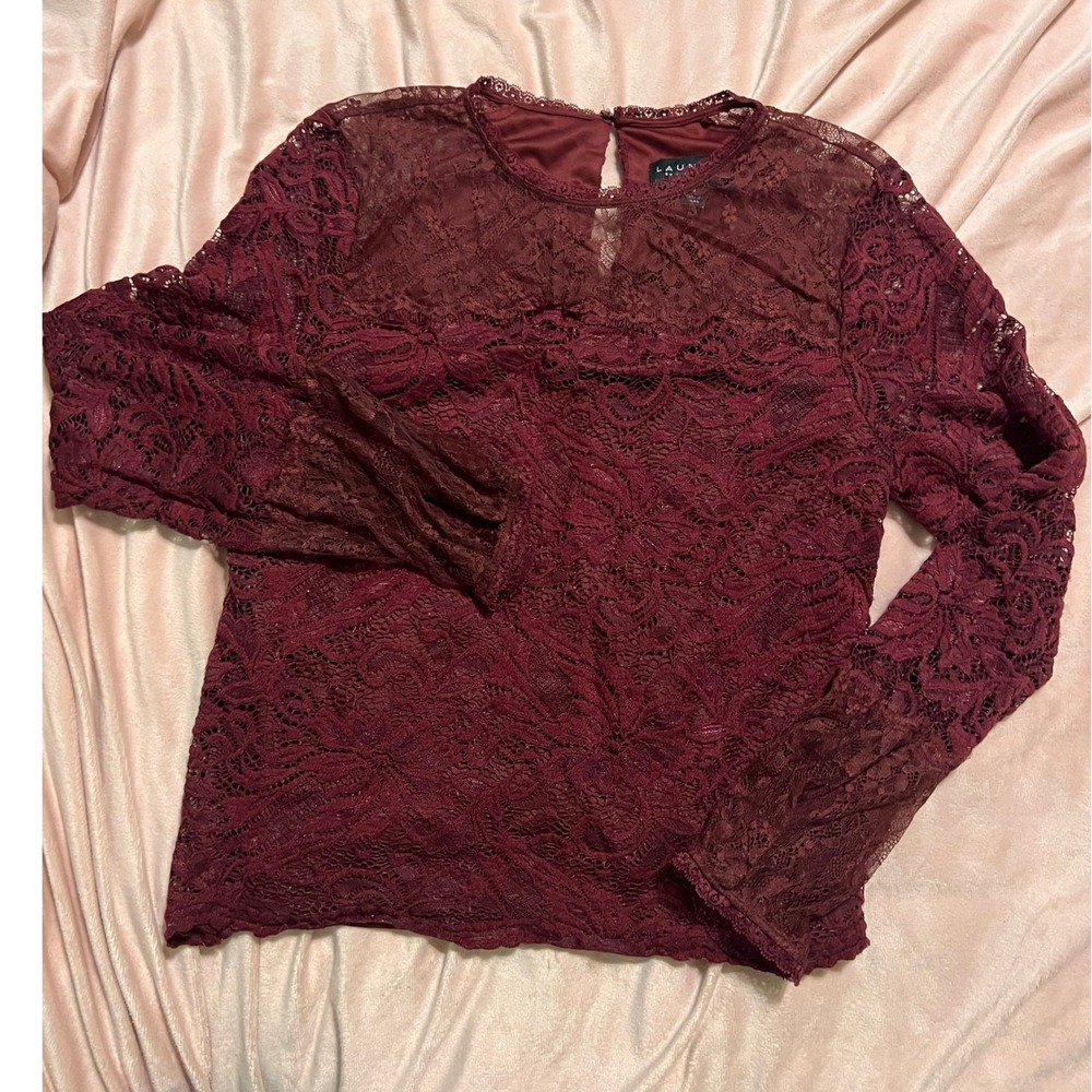 Laundry by Shelli Segal Lace Top Women Medium Burgundy Long Sleeve Floral Blouse